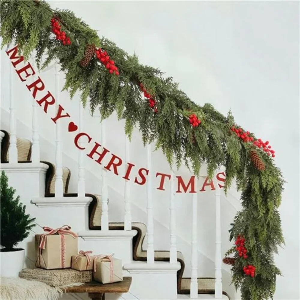 6ft Christmas Cedar Garland with Artificial Red Fruits and Pine Cones, Soft